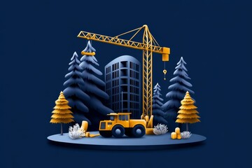 Poster - A simple illustration of a building under construction with cranes and scaffolding, in a flat design style
