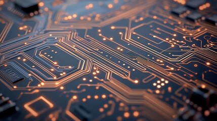 Poster - Close-up of a circuit board with intricate designs and glowing orange traces, creating a futuristic technology vibe.