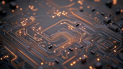 Poster - Close-up of a black circuit board with glowing copper traces, showcasing intricate electronic design and technology.