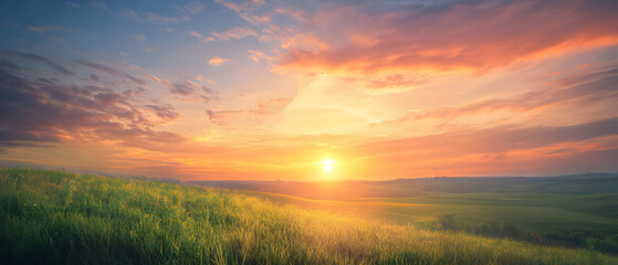 Poster - A colorful sunset above a tranquil green meadow, symbolizing freedom, creativity, and exploration.