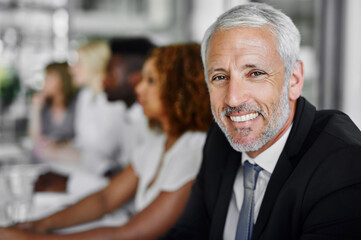 Aufkleber - Workshop, smile and portrait with business man in office for growth, development and strategy. Insight solution, corporate organization and idea with mature person in boardroom for project management