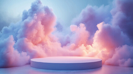 Wall Mural - Cloud background podium blue 3d product sky white display platform render abstract stage pastel scene. Podium stand light minimal cloud background studio dreamy pedestal backdrop smoke geometric.