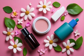 Poster - Illustration of skincare items with simple lines and soft pastel colors on a plain background