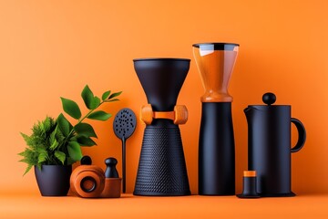 Leinwandbilder - Minimalist design of coffee brewing tools with clean shapes, set against a soft pastel background