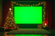 © Olga - Festive home Christmas background with a decorated Christmas tree, lights and a huge TV green screen in the middle of the room. Mock up, copy space