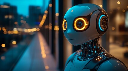 Poster - AI assistant with glowing eyes engaged in conversation in a modern urban setting at dusk