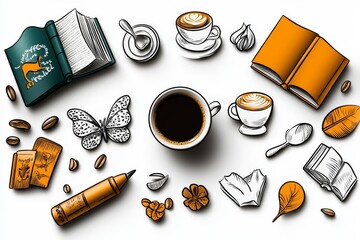 Poster - Simple illustration banner with hand-drawn icons of coffee and books, set on a white background