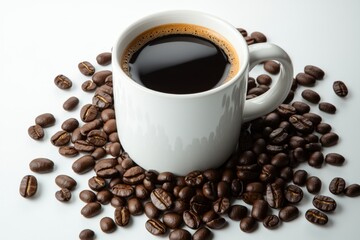 Poster - Simple illustration of a coffee mug with coffee beans around it, on a white background for a clean look