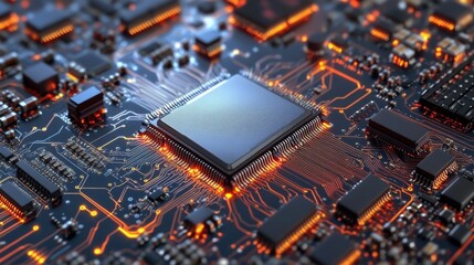 Poster - Close-up view of a circuit board with intricate details and glowing connections, showcasing technology and innovation.