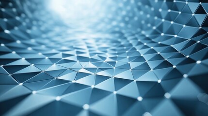 Poster - A close-up view of a blue, geometric mesh with intricate triangular patterns, creating a sense of depth and movement.