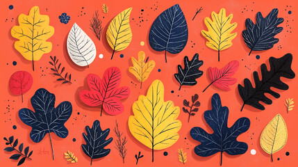 Wall Mural - beautiful watercolor autumn leaves collection with vibrant shades of orange, red, and yellow. perfec