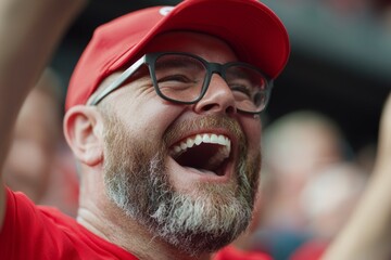 Wall Mural - A man with glasses and a red hat is smiling and laughing