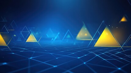 Poster - Stylized digital landscape featuring glowing blue and yellow triangular shapes on a network grid.