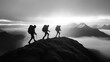 © Y_Malashkevych - In the fading light of a cloudy sunset three hikers carry heavy packs as they traverse a rugged mountain ridge surrounded by misty valleys and snow-capped peaks