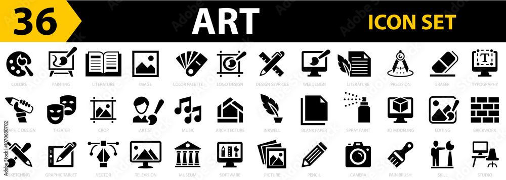 Art 36 icon set. Art and entertainment icons. Paint art tools, design ...