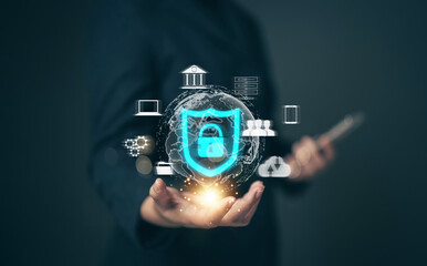 Fototapete - Cyber ​​security protection concept, personal data protection and financial transaction protection. Security lock technology protects personal information on smartphones..