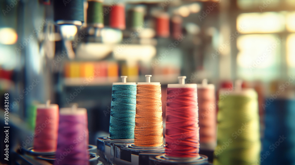 Colorful threads on spools in an embroidery machine at a textile ...