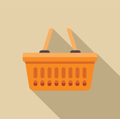 Poster - orange plastic shopping basket with raised handles casting a long shadow on a beige background, repr