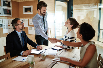 Aufkleber - Planning, meeting and business people with handshake, partnership and project brainstorming for ideas. Agency, diversity and team director for creative, b2b deal and workshop collaboration in office