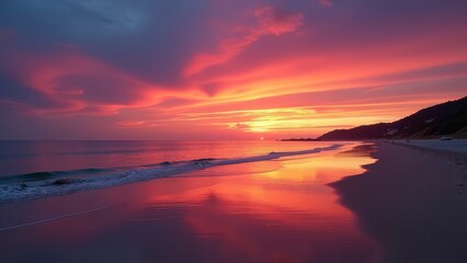 Poster - A beautiful sunset over the ocean with a beach in the background