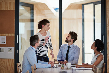 Aufkleber - Partnership, discussion and team director with tablet, brainstorming and project planning for ideas. Branding agency, diversity and business people for creative, b2b and workshop meeting in office
