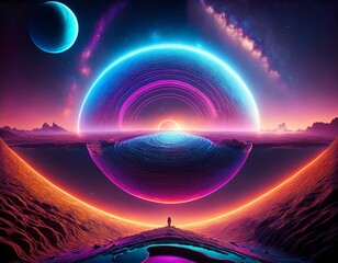 psychedelic alien planet scene with neon glowing circles, perfect for space-themed art, desktop wall