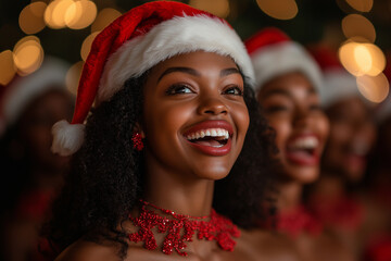 Wall Mural - A group of black people dressed in red, wearing Santa hats and smiling while singing holiday songs at an outdoor party at night