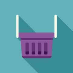 Poster - Purple shopping basket hanging from white handles, representing online shopping and consumerism, with long shadow on turquoise background