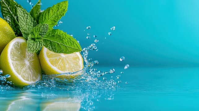a dynamic splash of water with lemon and mint leaves against a blue background