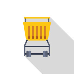 Poster - yellow shopping cart icon representing online retail and e commerce, featuring wheels and a basket