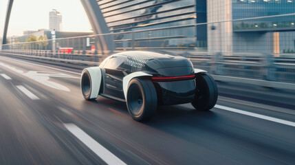 A futuristic car is driving down a road with a city skyline in the background