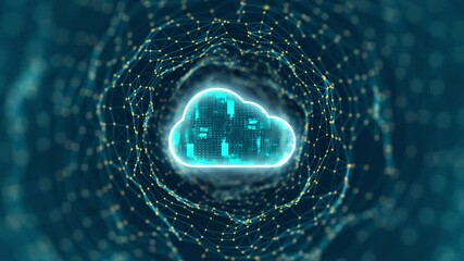 Fototapete - Motion graphic of Blue digital cloud computing logo and tunnel line connection with storage big data backup technology concepts abstract background