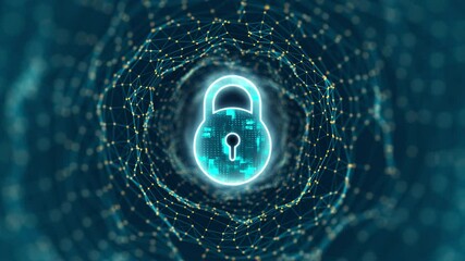 Fototapete - Motion graphic of Blue digital security key logo and tunnel line connection with network firewall technology and data secure concepts abstract background
