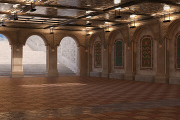 Poster - Terrace underpass with tiled floor and arches leading to sunlit steps. 3D render of Bethesda Terrace.
