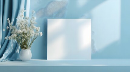 Wall Mural - White Flowers in Vase with Blank Canvas on Blue Wall. Copy space concept. Mockup product presentation.