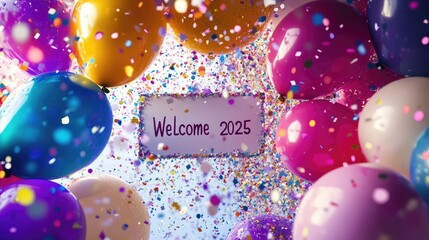 Fototapete - Rainbow and white mosaic arranged into balloons and confetti with a 