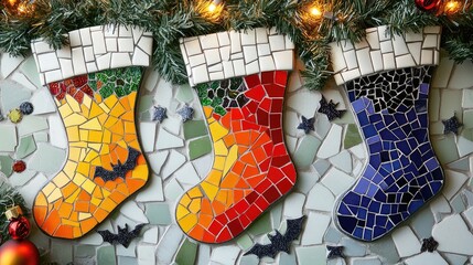 Aufkleber - Rainbow and white mosaic tiles arranged into Christmas stockings and Halloween bats, creating a unique combination of festive and spooky motifs.