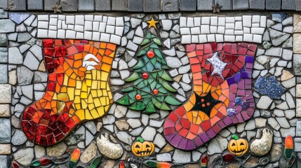Aufkleber - Rainbow and white mosaic tiles arranged into Christmas stockings and Halloween bats, creating a unique combination of festive and spooky motifs.
