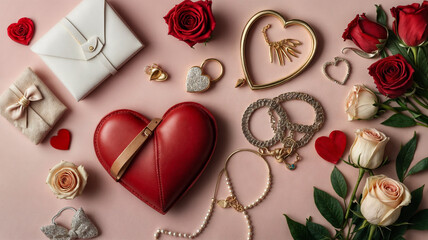 Jewelry and accessories, including a red heart-shaped clutch, a gold locket, a rose, a heart-shaped charm, a peace sign charm, and other gold charms, all arranged on a wooden surface with a pink backg