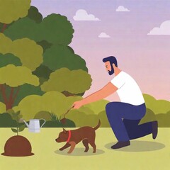 Wall Mural - woman planting a tiny tree in the garden, dog running around. vector illustration