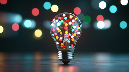 Poster - colorful light bulb filled with festive bokeh lights, glowing brightly