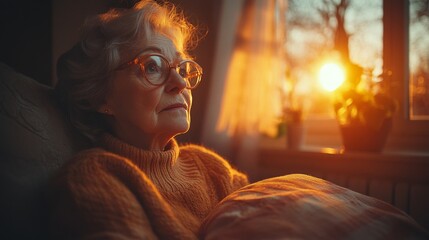 Aufkleber - An elderly woman sits in a comfortable chair, wrapped in a blanket while looking out the window. The warm glow of sunset illuminates her thoughtful expression and the cozy room around her.