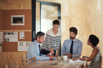 Aufkleber - Partnership, meeting and business people with tablet, discussion and project brainstorming for ideas. Branding agency, diversity and team director for creative, b2b and workshop planning in office