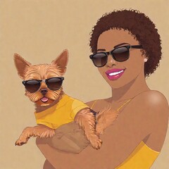 Sticker - woman with sunglasses in sunglasses with her cute puppy. dog and puppy. vector illustration. fashion print for clothes.