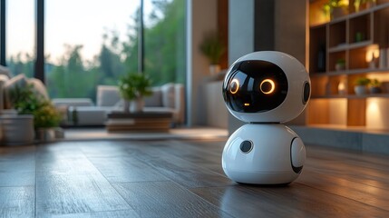 Poster - Friendly AI assistant interacts with customers in a cozy modern living space during daytime hours