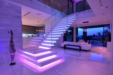 Poster - A sleek floating staircase with white steps, glass railings, and LED lighting embedded in the treads