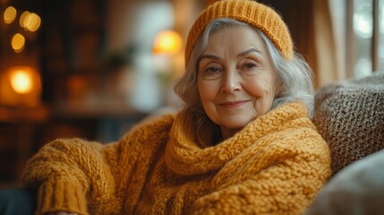 Aufkleber - An elderly woman with silver hair is smiling warmly while dressed in a bright yellow sweater and matching hat. She is seated comfortably in a cozy living room filled with warm lights.
