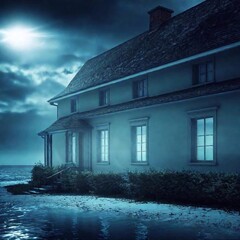 Canvas Print - Create a book cover for a sinister mystery with a mysterious large house near a beach with the light shining out of the windows at night in a storm