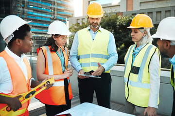 Poster - Outdoor, architects and meeting with clipboard on balcony for planning a building design, layout and project. Blueprint, construction and engineering people with ideas for renovations and maintenance
