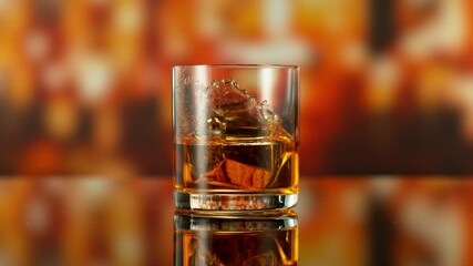 Fototapete - Super Slow Motion of Falling Ice into Glass of Whiskey. Filmed on High Speed Cinema Camera, 1000 fps. Bar on Background, Low Depth of Focus.